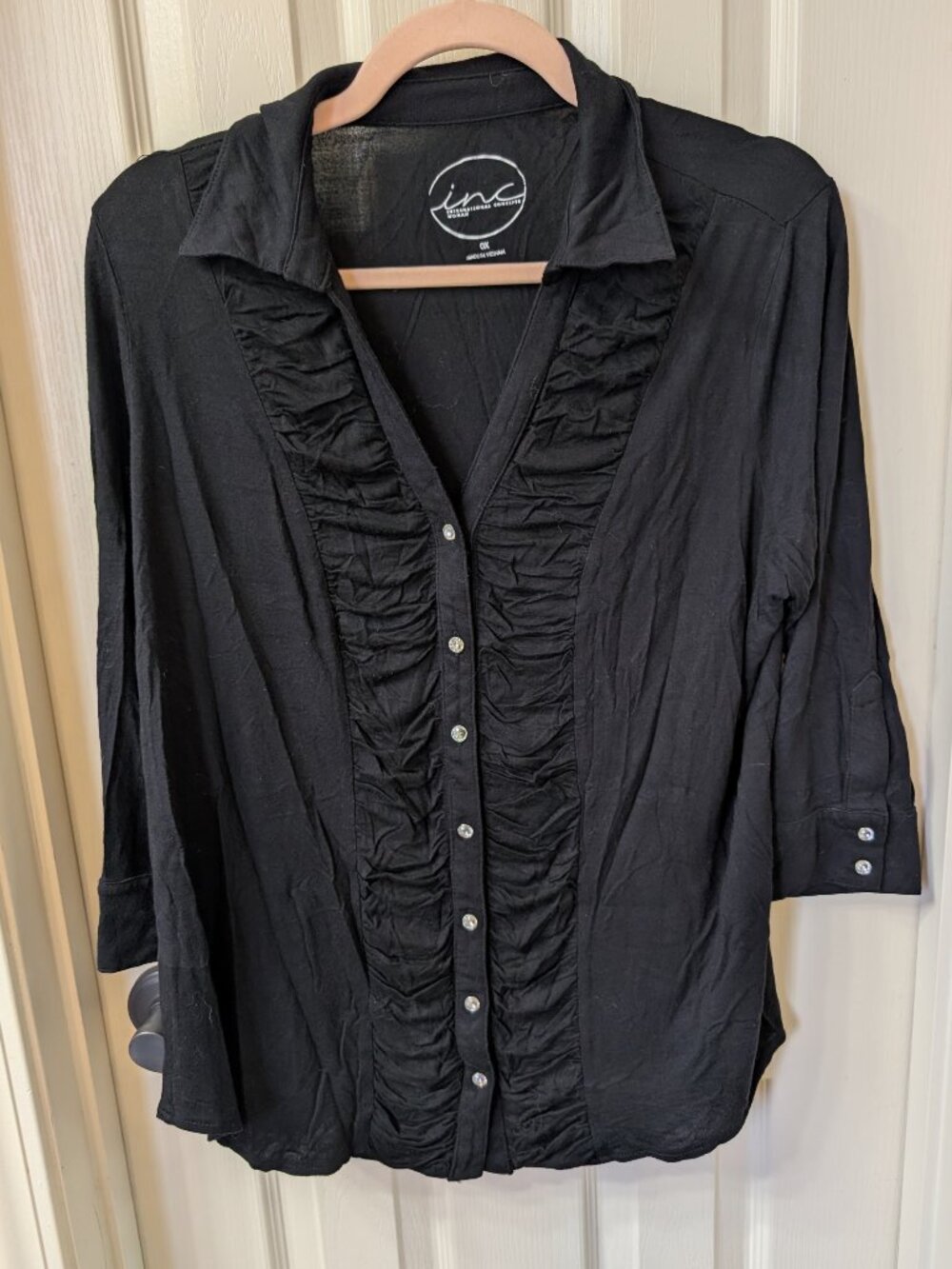 INC International Concepts Woman Black Button Up Gem Buttons Ruched Size 0X